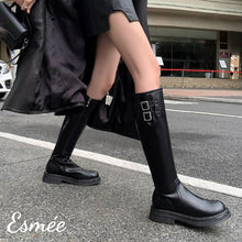將圖片載入圖庫檢視器 Black-Leather-Long-Boots-with-Double-Buckle-Design-model-shots