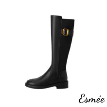 Load image into Gallery viewer, Black-Leather-Long-Boots-with-Ribbon-and-Metal-Buckle-Design-product-shots-white-background