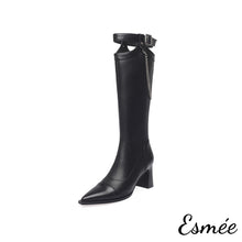Load image into Gallery viewer, Black-Leather-Long-Boots-with-Special-Designed-Collar-product-shots-white-background