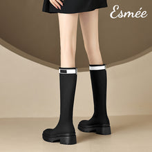 將圖片載入圖庫檢視器 Black-Leather-Long-Boots-with-White-Strap-Design-model-shots