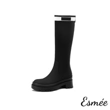 將圖片載入圖庫檢視器 Black-Leather-Long-Boots-with-White-Strap-Design-product-shots-white-background
