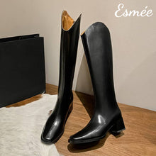 Load image into Gallery viewer, Black-Leather-Long-Riding-Boots-with-Block-Heels-product-shots