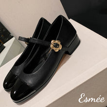 Load image into Gallery viewer, Black-Leather-Maryjanes-with-Flower-Buckle-product-shots