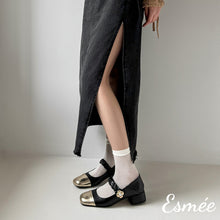 Load image into Gallery viewer, Black-Leather-Maryjanes-with-Golden-Flower-and-Toe-Cap-Design-model-shots