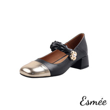 Load image into Gallery viewer, Black-Leather-Maryjanes-with-Golden-Flower-and-Toe-Cap-Design-product-shots-white-background