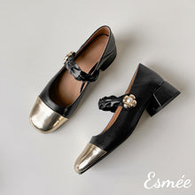 Load image into Gallery viewer, Black-Leather-Maryjanes-with-Golden-Flower-and-Toe-Cap-Design-product-shots