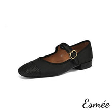 Load image into Gallery viewer, Black-Leather-Maryjanes-with-Rattan-Toe-Cap-product-shots-white-background