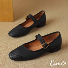 Load image into Gallery viewer, Black-Leather-Maryjanes-with-Rattan-Toe-Cap-product-shots