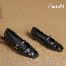Load image into Gallery viewer, Black-Leather-Maryjanes-with-Woven-Design-product-shots