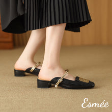 將圖片載入圖庫檢視器 Black-Leather-Mules-with-Golden-Ornaments-and-Double-Straps-model-shots