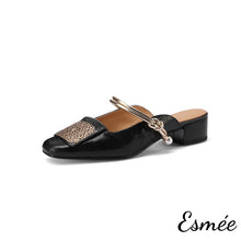 將圖片載入圖庫檢視器 Black-Leather-Mules-with-Golden-Ornaments-and-Double-Straps-product-shots-white-background