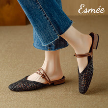 將圖片載入圖庫檢視器 Black-Leather-Mules-with-Net-Design-and-Double-Straps-model-shots