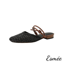 將圖片載入圖庫檢視器 Black-Leather-Mules-with-Net-Design-and-Double-Straps-product-shots-white-background
