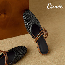 將圖片載入圖庫檢視器 Black-Leather-Mules-with-Net-Design-and-Double-Straps-product-shots