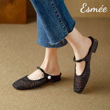 將圖片載入圖庫檢視器 Black-Leather-Mules-with-Net-Design-and-Twisted-Straps-model-shots