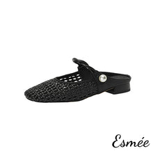 將圖片載入圖庫檢視器 Black-Leather-Mules-with-Net-Design-and-Twisted-Straps-product-shots-white-background