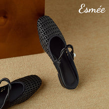 將圖片載入圖庫檢視器 Black-Leather-Mules-with-Net-Design-and-Twisted-Straps-product-shots