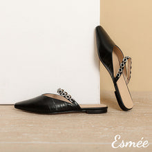 將圖片載入圖庫檢視器 Black-Leather-Mules-with-Rhinestone-Chain-Design-product-shots