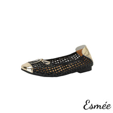 將圖片載入圖庫檢視器 Black-Leather-Net-Ballerina-Flats-with-Golden-Toe-and-Heel-Cap-product-shots-white-background