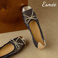 將圖片載入圖庫檢視器 Black-Leather-Net-Ballerina-Flats-with-Golden-Toe-and-Heel-Cap-product-shots