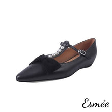 將圖片載入圖庫檢視器 Black-Leather-Pearl-T-Straps-with-3.5-cm-Invisible-Increased-Height-Design-product-shots-white-background