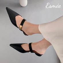 Load image into Gallery viewer, Black-Leather-Pointed-Toe-Mules-with-Metal-Buckle-Design-model-shots