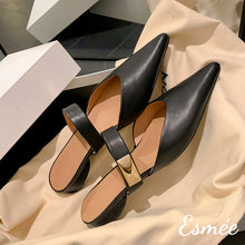 Load image into Gallery viewer, Black-Leather-Pointed-Toe-Mules-with-Metal-Buckle-Design-product-shots