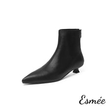 Load image into Gallery viewer, Black-Leather-Pointy-Toe-Ankle-Boots-with-Kitten-Heels-product-shots-white-background