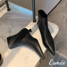 Load image into Gallery viewer, Black-Leather-Pointy-Toe-Ankle-Boots-with-Kitten-Heels-product-shots