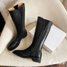 Load image into Gallery viewer, Black-Leather-Riding-Long-Boots-with-V-Shaped-Ribbon-Design-product-shots