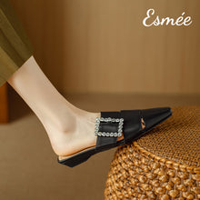 將圖片載入圖庫檢視器 Black-Leather-Roman-Mules-with-Diamond-Buckle-model-shots