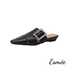 將圖片載入圖庫檢視器 Black-Leather-Roman-Mules-with-Diamond-Buckle-product-shots-white-background