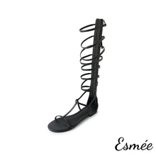 將圖片載入圖庫檢視器 Black-Leather-Roman-Sandals-with-Rear-Zippers-product-shots-white-background