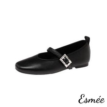 Load image into Gallery viewer, Black-Leather-Rounded-Toe-Maryjanes-with-Rhinestone-Buckle-Design-product-shots-white-background