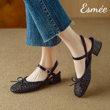 將圖片載入圖庫檢視器 Black-Leather-Sandals-with-Net-Design-and-Bow-Knot-model-shots