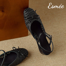 將圖片載入圖庫檢視器 Black-Leather-Sandals-with-Net-Design-and-Bow-Knot-product-shots