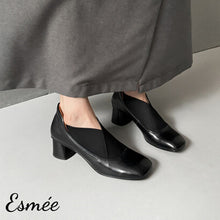 Load image into Gallery viewer, Black-Leather-Squared-Toe-High-Heel-with-Ribbon-Design-model-shots