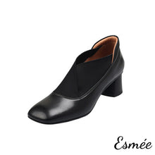 Load image into Gallery viewer, Black-Leather-Squared-Toe-High-Heel-with-Ribbon-Design-product-shots-white-background