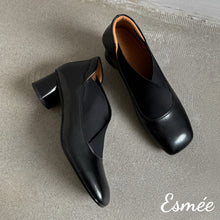 Load image into Gallery viewer, Black-Leather-Squared-Toe-High-Heel-with-Ribbon-Design-product-shots