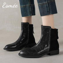 Load image into Gallery viewer, Black-Leather-Suede-Ankle-Boots-with-Rhinestone-Design-model-shots