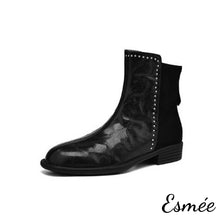 Load image into Gallery viewer, Black-Leather-Suede-Ankle-Boots-with-Rhinestone-Design-product-shots-white-background