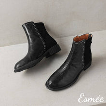 Load image into Gallery viewer, Black-Leather-Suede-Ankle-Boots-with-Rhinestone-Design-product-shots