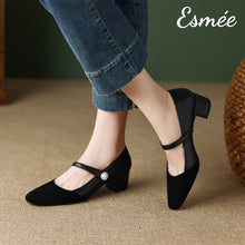 Load image into Gallery viewer, Black-Leather-Suede-High-Heel-Mary-Janes-with-Pearl-Button-Design-model-shots