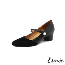 Load image into Gallery viewer, Black-Leather-Suede-High-Heel-Mary-Janes-with-Pearl-Button-Design-product-shots-white-background
