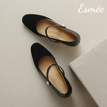 Load image into Gallery viewer, Black-Leather-Suede-High-Heel-Mary-Janes-with-Pearl-Button-Design-product-shots