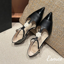 Load image into Gallery viewer, Black-Leather-T-Straps-with-Flower-Design-and-Black-Patent-Leather-Toe-Cap-product-shots