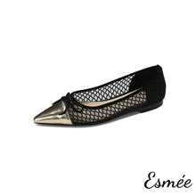 將圖片載入圖庫檢視器 Black-Net-Flats-with-Golden-Toe-Cap-and-Bow-Knot-product-shots-white-background