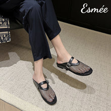 將圖片載入圖庫檢視器 Black-Net-Mules-with-Leather-Straps-model-shots