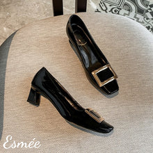Load image into Gallery viewer, Black-Patent-Leather-4-cm-High-Heels-with-Metal-Buckle-product-shots