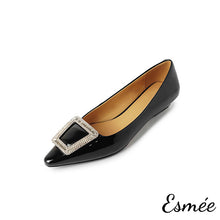 Load image into Gallery viewer, Black-Patent-Leather-Flats-with-Rhinestone-Buckle-product-shots-white-background